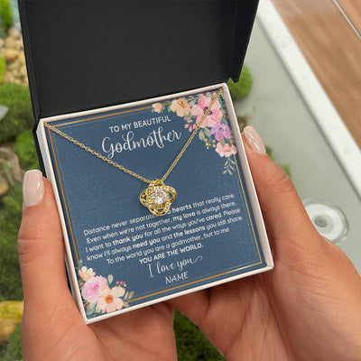 Love Knot Necklace 18K Yellow Gold Finish | 2 | Personalized To My Beautiful Godmother Necklace From Niece You Are The World Godmother Birthday Mothers Day Christmas Customized Gift Box Message Card | teecentury