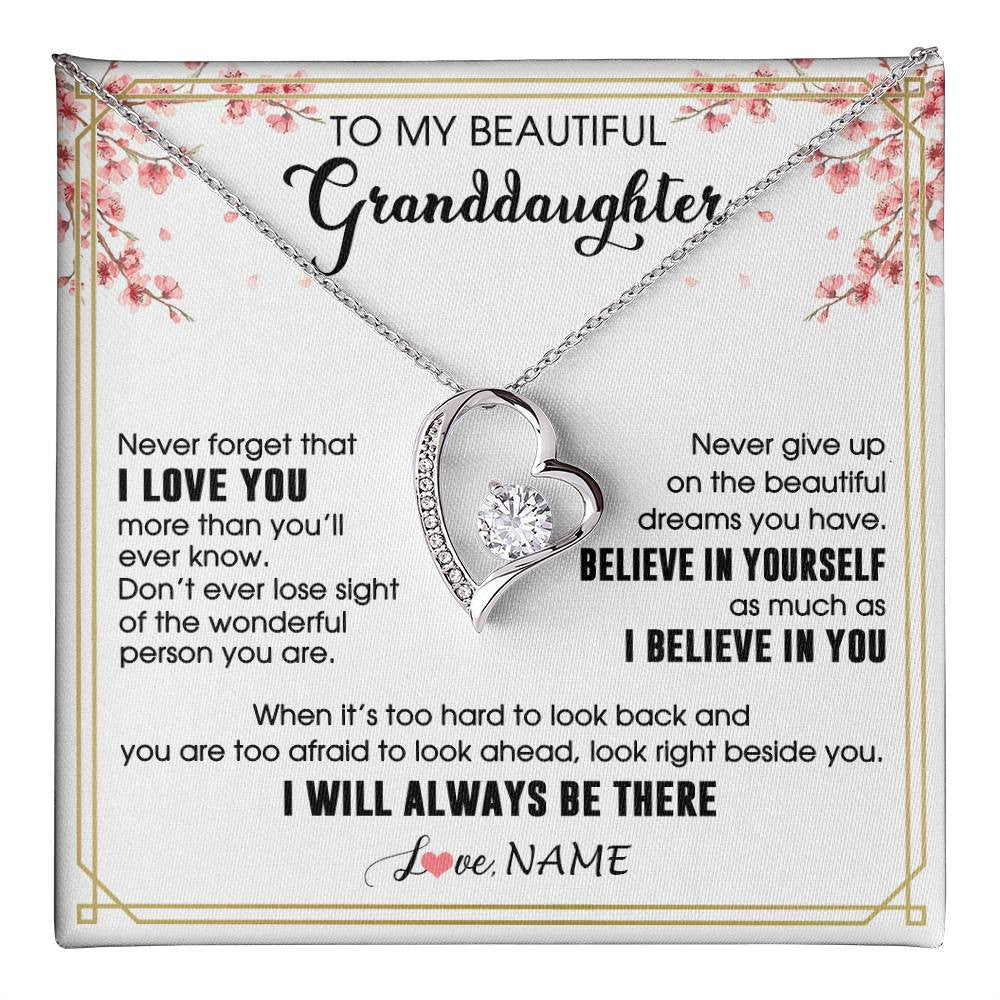 Forever Love Necklace 14K White Gold Finish | 1 | Personalized To My Beautiful Granddaughter From Grandma Necklace I Love You Believe In You Granddaughter Birthday Christmas Customized Gift Box Message Card | teecentury