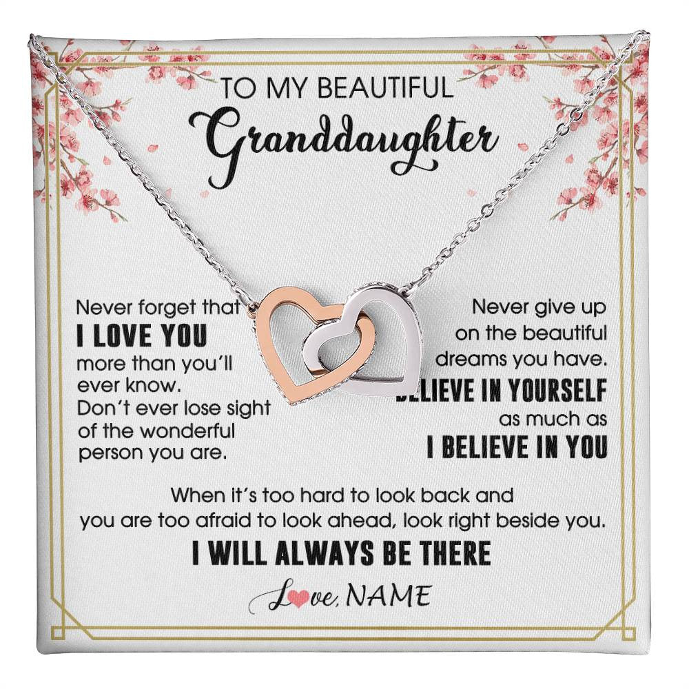 Interlocking Hearts Necklace Stainless Steel & Rose Gold Finish | 1 | Personalized To My Beautiful Granddaughter From Grandma Necklace I Love You Believe In You Granddaughter Birthday Christmas Customized Gift Box Message Card | teecentury