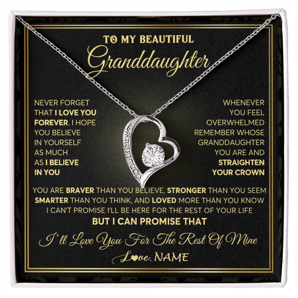 Forever Love Necklace 14K White Gold Finish | 1 | Personalized To My Beautiful Granddaughter Necklace From Grandma I Love You Jewelry Gifts For Granddaughter Birthday Graduation Christmas Gift Box Message Card | teecentury