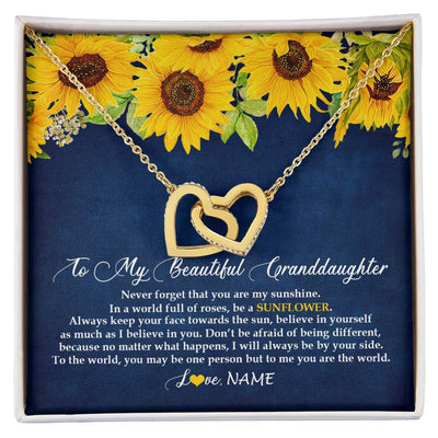 Interlocking Hearts Necklace 18K Yellow Gold Finish | Personalized To My Beautiful Granddaughter Necklace From Grandma Nana Be A Sunflower My Sunshine Granddaughter Birthday Customized Gift Box Message Card | teecentury