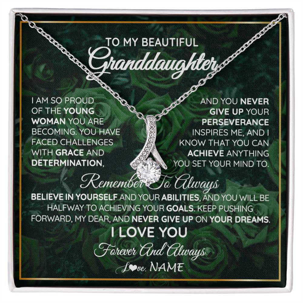 Alluring Beauty Necklace 14K White Gold Finish | Personalized To My Beautiful Granddaughter Necklace From Grandma Never Give Up Birthday Graduation Motivational Quote Customized Gift Box Message Card | teecentury