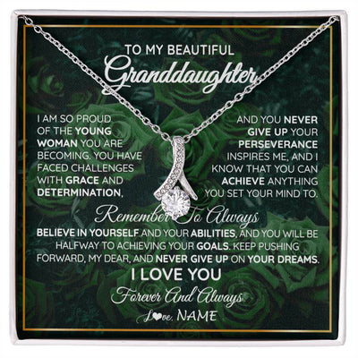 Alluring Beauty Necklace 14K White Gold Finish | Personalized To My Beautiful Granddaughter Necklace From Grandma Never Give Up Birthday Graduation Motivational Quote Customized Gift Box Message Card | teecentury