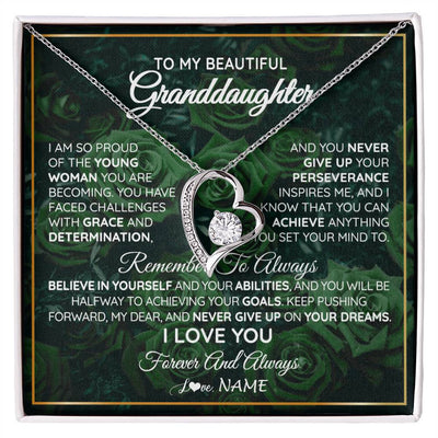 Forever Love Necklace 14K White Gold Finish | Personalized To My Beautiful Granddaughter Necklace From Grandma Never Give Up Birthday Graduation Motivational Quote Customized Gift Box Message Card | teecentury