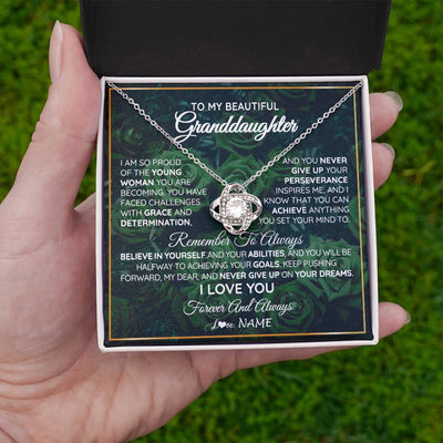 Love Knot Necklace 14K White Gold Finish | Personalized To My Beautiful Granddaughter Necklace From Grandma Never Give Up Birthday Graduation Motivational Quote Customized Gift Box Message Card | teecentury