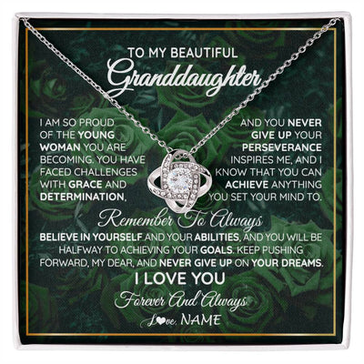 Love Knot Necklace 14K White Gold Finish | Personalized To My Beautiful Granddaughter Necklace From Grandma Never Give Up Birthday Graduation Motivational Quote Customized Gift Box Message Card | teecentury