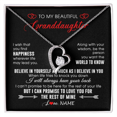Forever Love Necklace 14K White Gold Finish | Personalized To My Beautiful Granddaughter Necklace From Grandma Papa Happiness Wherever Life Birthday Graduation Christmas Customized Gift Box Message Card | teecentury