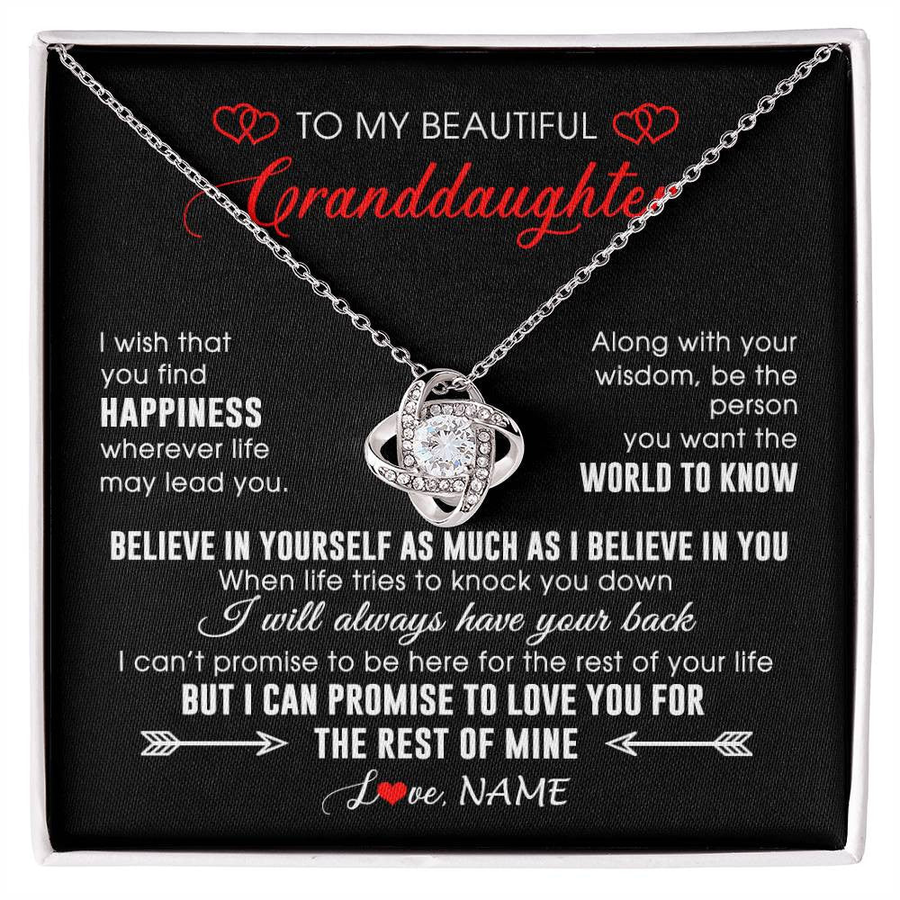 Love Knot Necklace 14K White Gold Finish | Personalized To My Beautiful Granddaughter Necklace From Grandma Papa Happiness Wherever Life Birthday Graduation Christmas Customized Gift Box Message Card | teecentury
