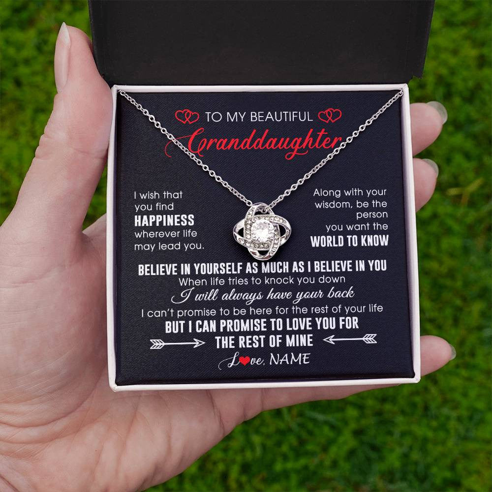 Love Knot Necklace 14K White Gold Finish | Personalized To My Beautiful Granddaughter Necklace From Grandma Papa Happiness Wherever Life Birthday Graduation Christmas Customized Gift Box Message Card | teecentury