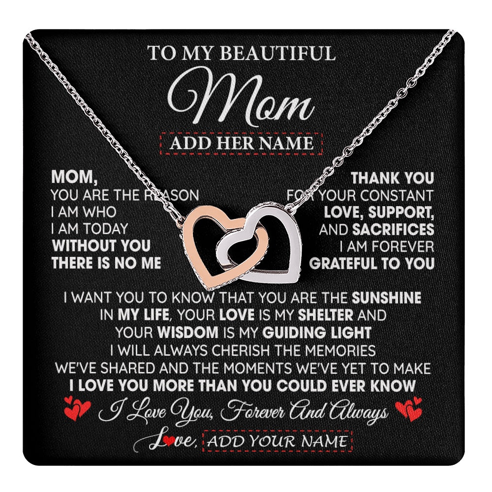 Interlocking Hearts Necklace Stainless Steel & Rose Gold Finish | 1 | Personalized To My Beautiful Mom Gifts Necklace From Son Daughter Without You There Is No Me Mom Birthday Gift Mothers Day Christmas Gift Box Message Card | teecentury.myshopify