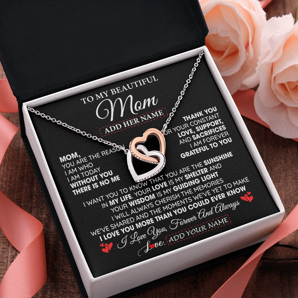 Interlocking Hearts Necklace Stainless Steel & Rose Gold Finish | 2 | Personalized To My Beautiful Mom Gifts Necklace From Son Daughter Without You There Is No Me Mom Birthday Gift Mothers Day Christmas Gift Box Message Card | teecentury.myshopify