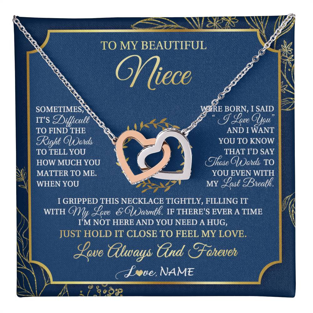 Interlocking Hearts Necklace Stainless Steel & Rose Gold Finish | 1 | Personalized To My Beautiful Niece From Aunt Uncle I Gripped This Necklace Niece Jewelry Birthday Gifts Christmas Customized Gift Box Message Card | teecentury