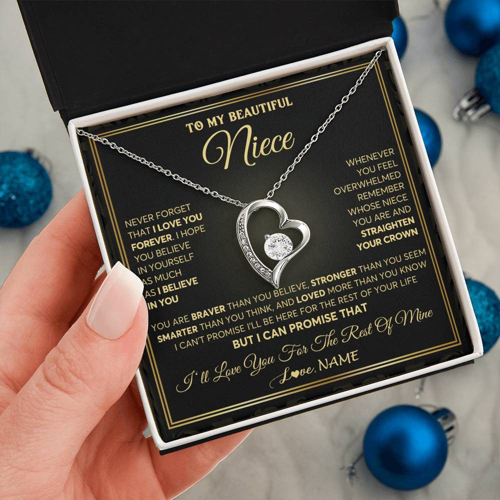 Forever Love Necklace 14K White Gold Finish | 2 | Personalized To My Beautiful Niece Necklace From Aunt Auntie I Love You Jewelry Gifts For Niece Birthday Graduation Christmas Customized Gift Box Message Card | teecentury