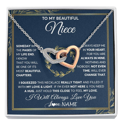Interlocking Hearts Necklace Stainless Steel & Rose Gold Finish | Personalized To My Beautiful Niece Necklace From Aunt Auntie Uncle Someday Niece Birthday Christmas Jewelry Charm Present Customized Gift Box Message Card | teecentury