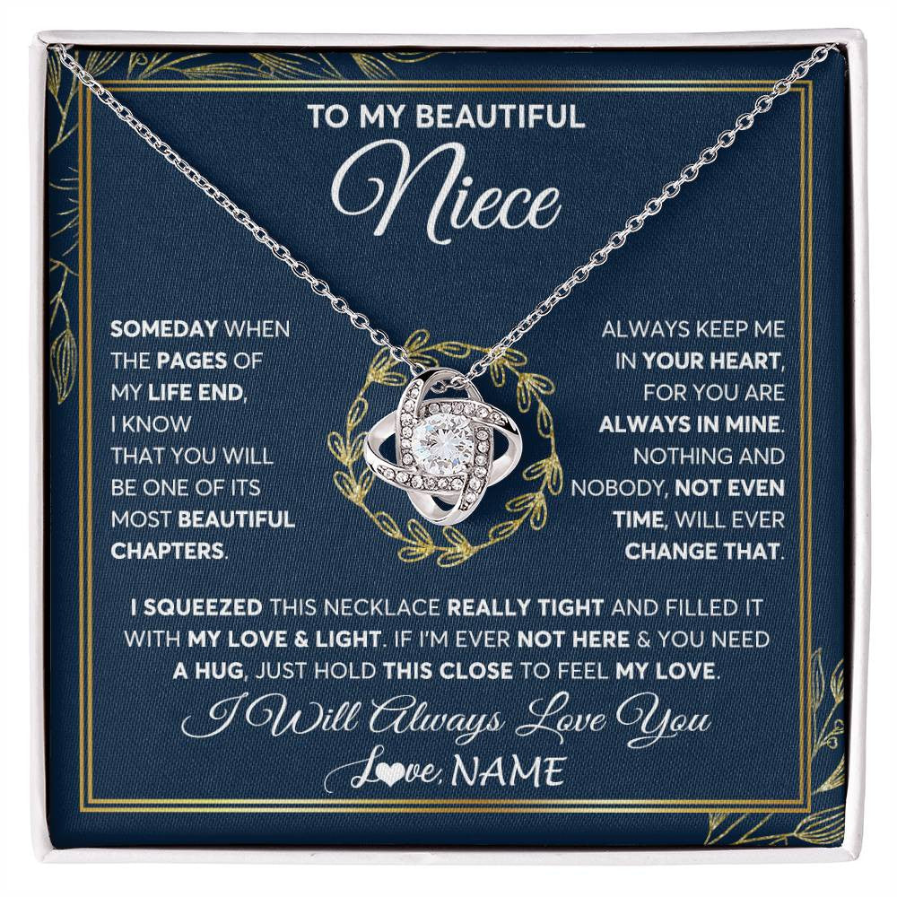 Love Knot Necklace 14K White Gold Finish | Personalized To My Beautiful Niece Necklace From Aunt Auntie Uncle Someday Niece Birthday Christmas Jewelry Charm Present Customized Gift Box Message Card | teecentury
