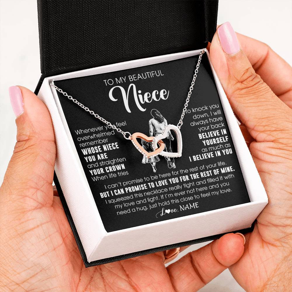 Interlocking Hearts Necklace Stainless Steel & Rose Gold Finish | 2 | Personalized To My Beautiful Niece Necklace From Aunt Believe In Yourself Niece Birthday Gifts Jewelry Graduation Christmas Customized Message Card | teecentury