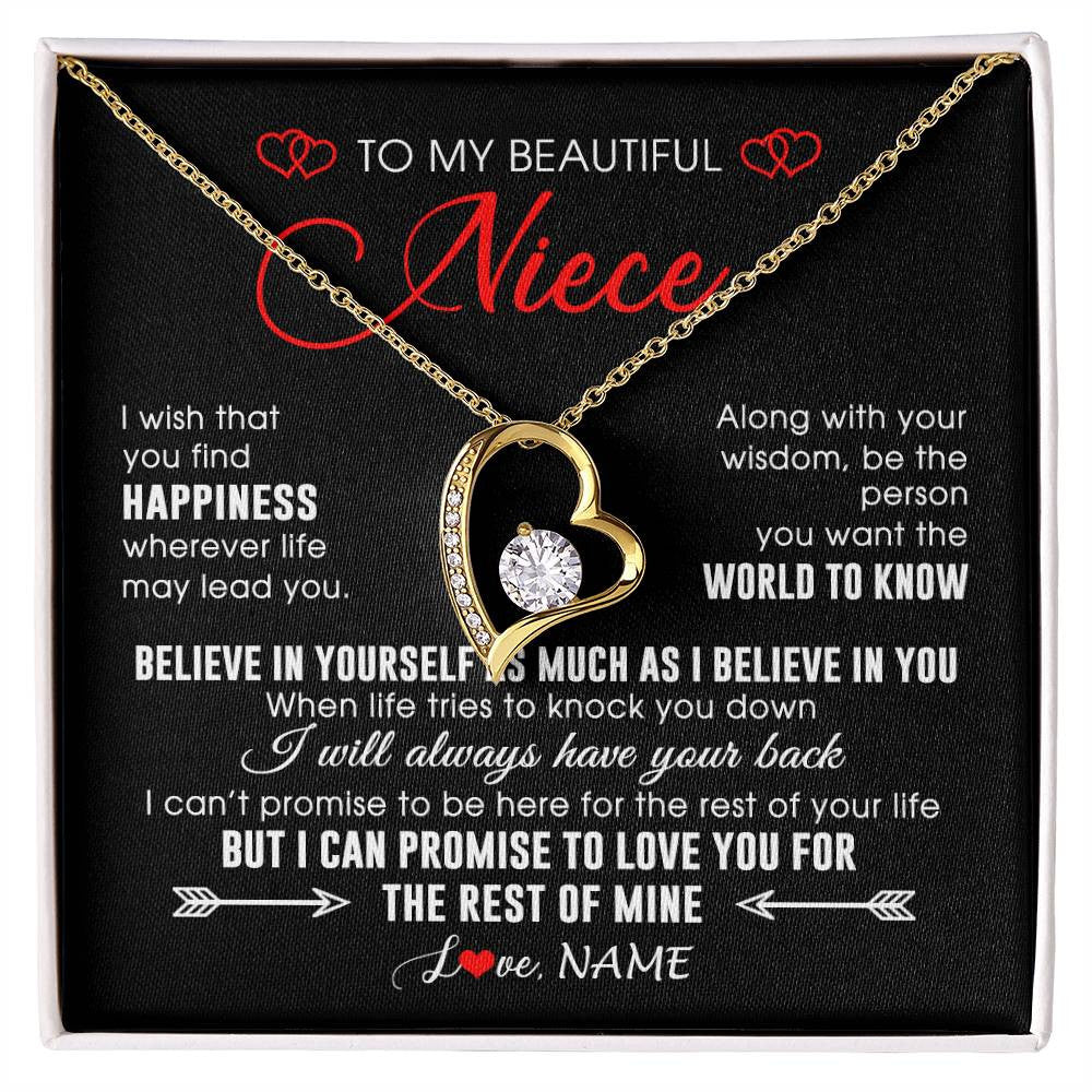 Forever Love Necklace 18K Yellow Gold Finish | Personalized To My Beautiful Niece Necklace From Aunt Uncle Aunt Happiness Wherever Life Niece Birthday Graduation Christmas Customized Gift Box Message Card | teecentury