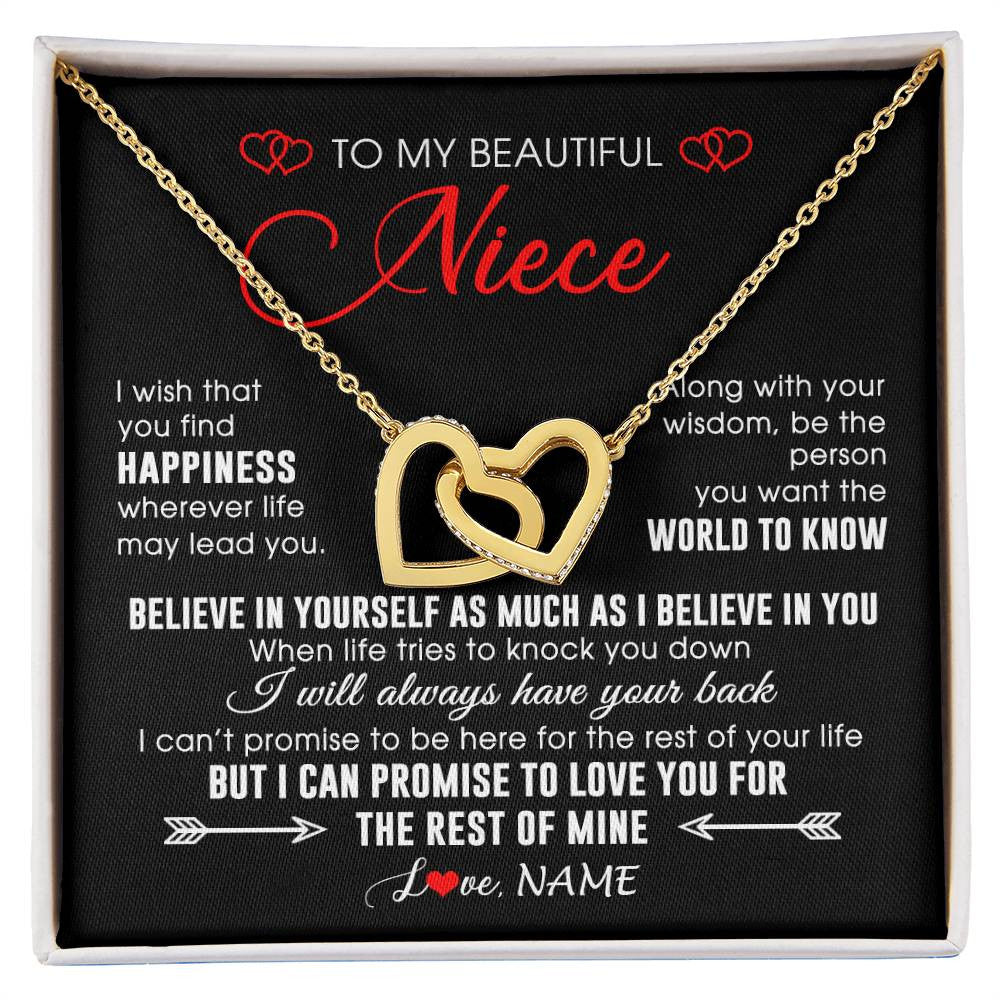 Interlocking Hearts Necklace 18K Yellow Gold Finish | Personalized To My Beautiful Niece Necklace From Aunt Uncle Aunt Happiness Wherever Life Niece Birthday Graduation Christmas Customized Gift Box Message Card | teecentury