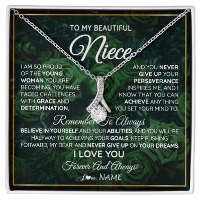 Alluring Beauty Necklace 14K White Gold Finish | Personalized To My Beautiful Niece Necklace From Aunt Uncle Aunt Never Give Up Niece Birthday Graduation Motivational Quote Customized Gift Box Message Card | teecentury