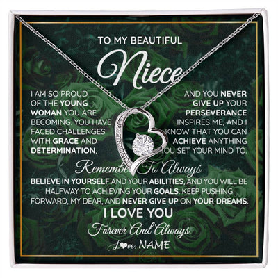 Forever Love Necklace 14K White Gold Finish | Personalized To My Beautiful Niece Necklace From Aunt Uncle Aunt Never Give Up Niece Birthday Graduation Motivational Quote Customized Gift Box Message Card | teecentury
