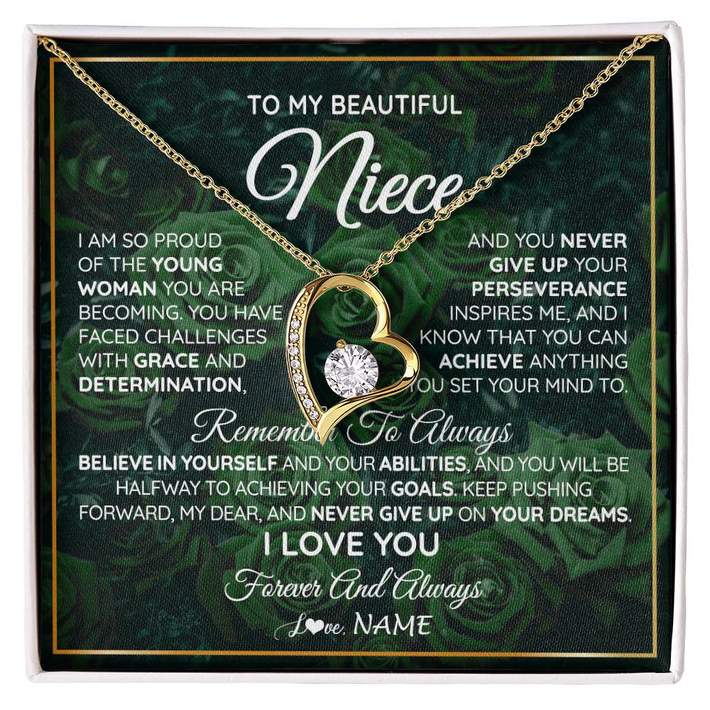Forever Love Necklace 18K Yellow Gold Finish | Personalized To My Beautiful Niece Necklace From Aunt Uncle Aunt Never Give Up Niece Birthday Graduation Motivational Quote Customized Gift Box Message Card | teecentury