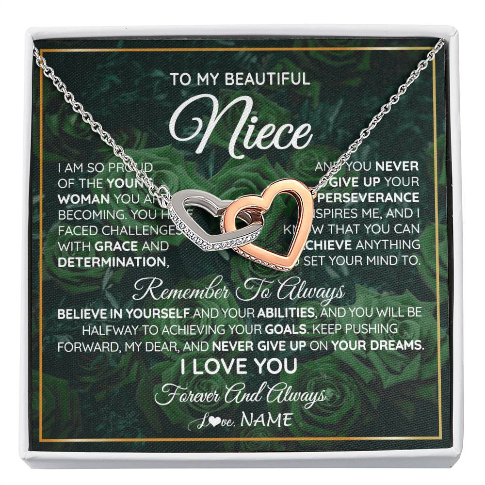 Interlocking Hearts Necklace Stainless Steel & Rose Gold Finish | Personalized To My Beautiful Niece Necklace From Aunt Uncle Aunt Never Give Up Niece Birthday Graduation Motivational Quote Customized Gift Box Message Card | teecentury