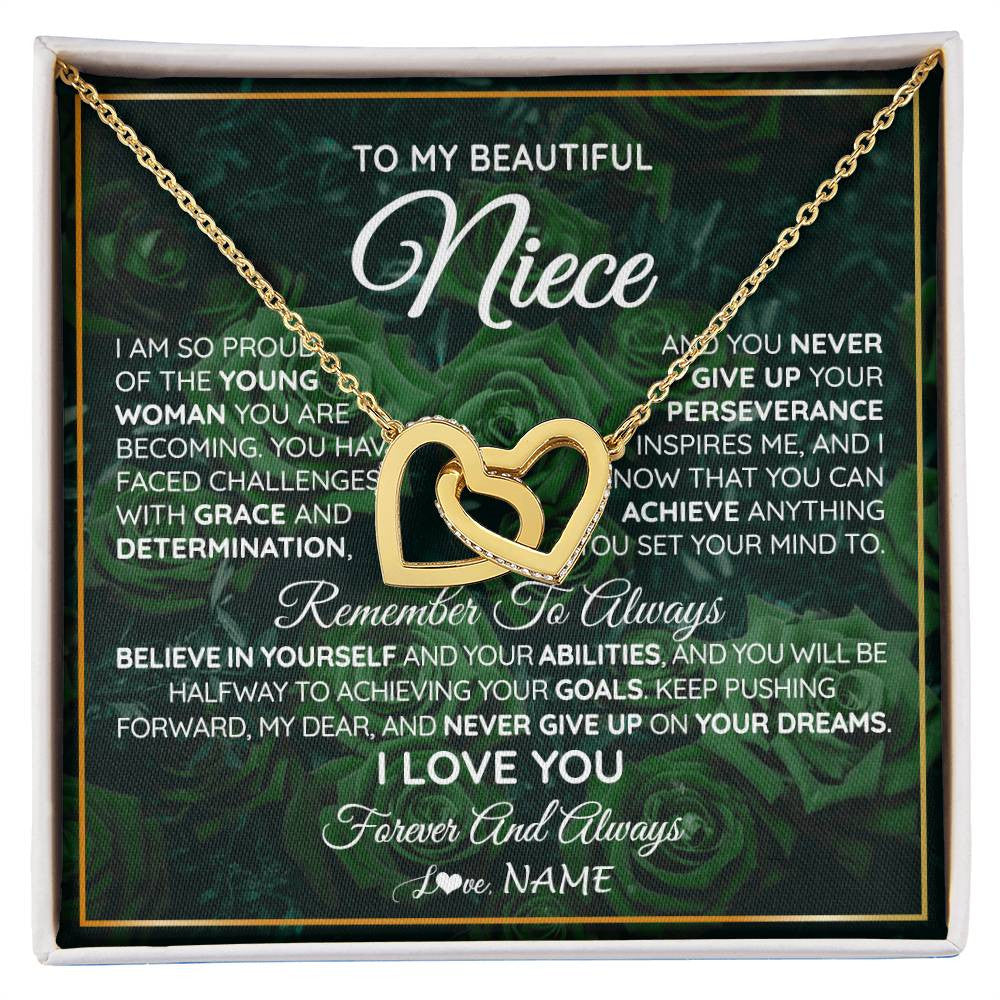 Interlocking Hearts Necklace 18K Yellow Gold Finish | Personalized To My Beautiful Niece Necklace From Aunt Uncle Aunt Never Give Up Niece Birthday Graduation Motivational Quote Customized Gift Box Message Card | teecentury