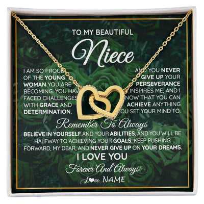 Interlocking Hearts Necklace 18K Yellow Gold Finish | Personalized To My Beautiful Niece Necklace From Aunt Uncle Aunt Never Give Up Niece Birthday Graduation Motivational Quote Customized Gift Box Message Card | teecentury