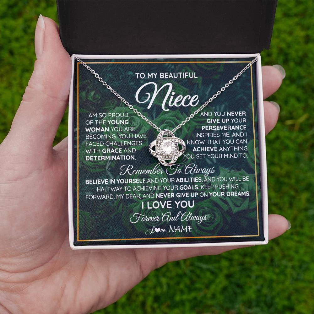 Love Knot Necklace 14K White Gold Finish | Personalized To My Beautiful Niece Necklace From Aunt Uncle Aunt Never Give Up Niece Birthday Graduation Motivational Quote Customized Gift Box Message Card | teecentury