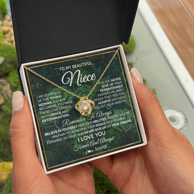 Love Knot Necklace 18K Yellow Gold Finish | Personalized To My Beautiful Niece Necklace From Aunt Uncle Aunt Never Give Up Niece Birthday Graduation Motivational Quote Customized Gift Box Message Card | teecentury