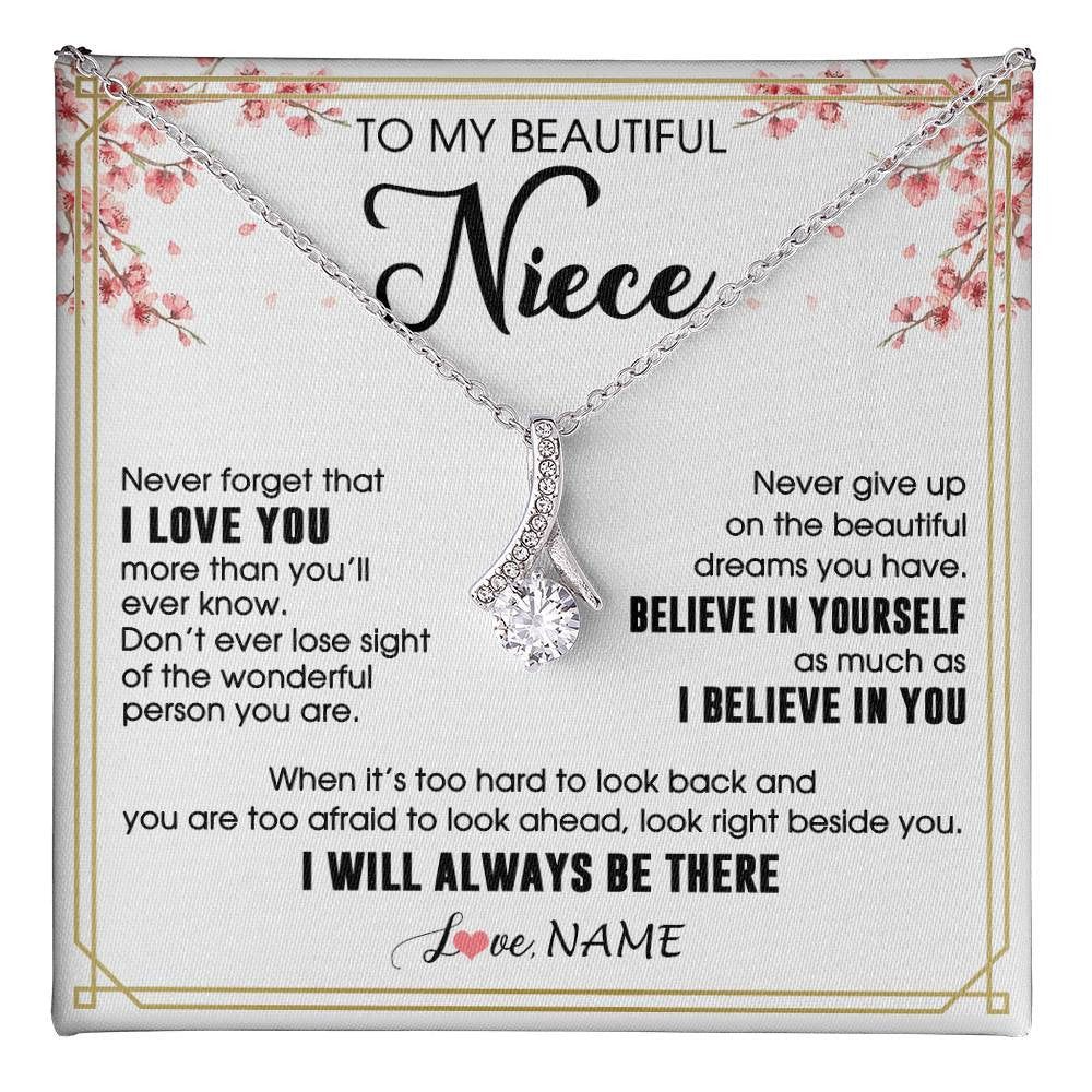 Alluring Beauty Necklace 14K White Gold Finish | 1 | Personalized To My Beautiful Niece Necklace From Aunt Uncle I Love You Believe In You Niece Birthday Graduation Christmas Customized Gift Box Message Card | teecentury