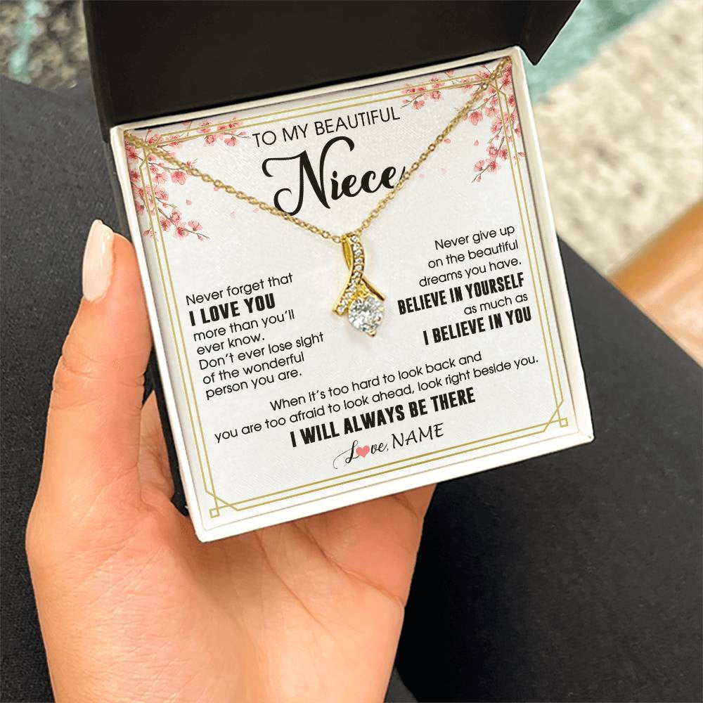 Alluring Beauty Necklace 18K Yellow Gold Finish | 2 | Personalized To My Beautiful Niece Necklace From Aunt Uncle I Love You Believe In You Niece Birthday Graduation Christmas Customized Gift Box Message Card | teecentury