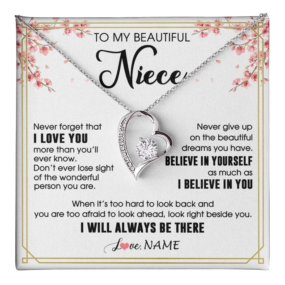 Forever Love Necklace 14K White Gold Finish | 1 | Personalized To My Beautiful Niece Necklace From Aunt Uncle I Love You Believe In You Niece Birthday Graduation Christmas Customized Gift Box Message Card | teecentury