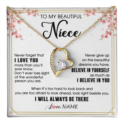 Forever Love Necklace 18K Yellow Gold Finish | 1 | Personalized To My Beautiful Niece Necklace From Aunt Uncle I Love You Believe In You Niece Birthday Graduation Christmas Customized Gift Box Message Card | teecentury
