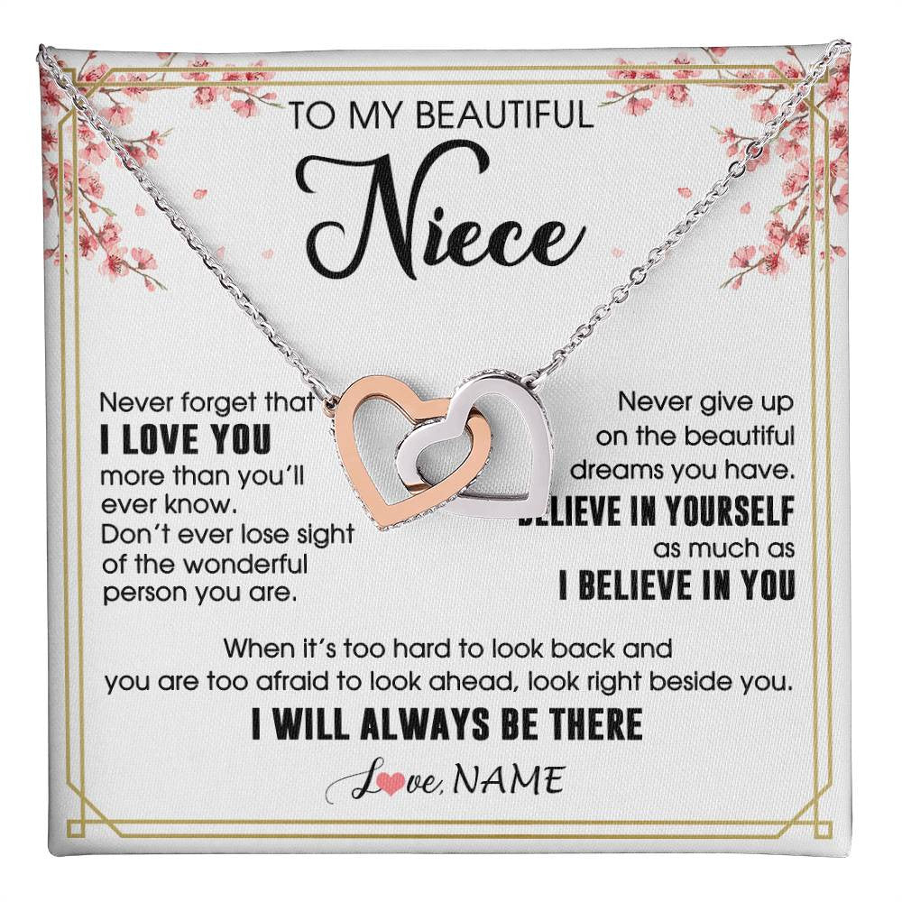 Interlocking Hearts Necklace Stainless Steel & Rose Gold Finish | 1 | Personalized To My Beautiful Niece Necklace From Aunt Uncle I Love You Believe In You Niece Birthday Graduation Christmas Customized Gift Box Message Card | teecentury