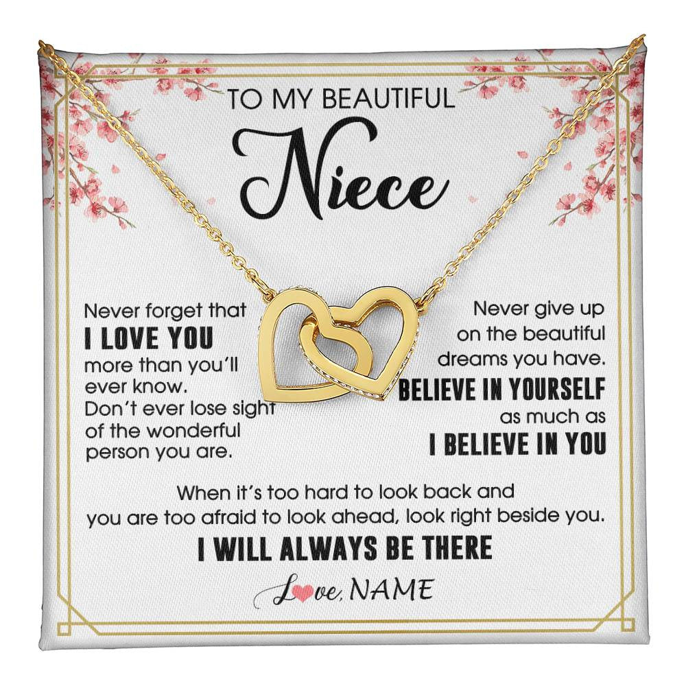 Interlocking Hearts Necklace 18K Yellow Gold Finish | 1 | Personalized To My Beautiful Niece Necklace From Aunt Uncle I Love You Believe In You Niece Birthday Graduation Christmas Customized Gift Box Message Card | teecentury