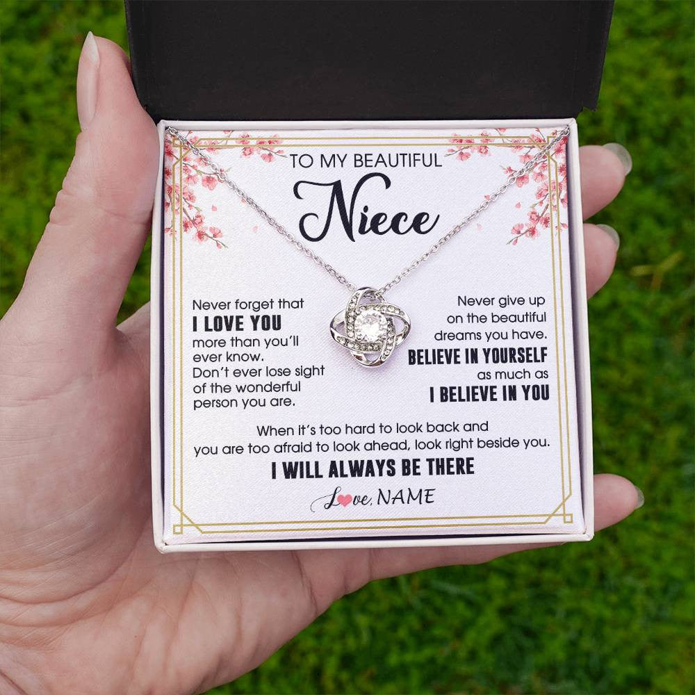 Love Knot Necklace 14K White Gold Finish | 2 | Personalized To My Beautiful Niece Necklace From Aunt Uncle I Love You Believe In You Niece Birthday Graduation Christmas Customized Gift Box Message Card | teecentury