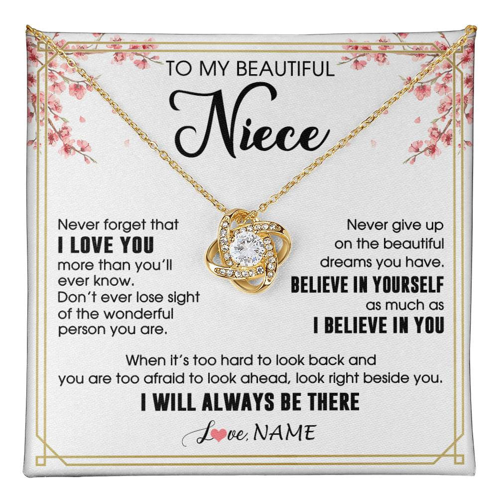Love Knot Necklace 18K Yellow Gold Finish | 1 | Personalized To My Beautiful Niece Necklace From Aunt Uncle I Love You Believe In You Niece Birthday Graduation Christmas Customized Gift Box Message Card | teecentury