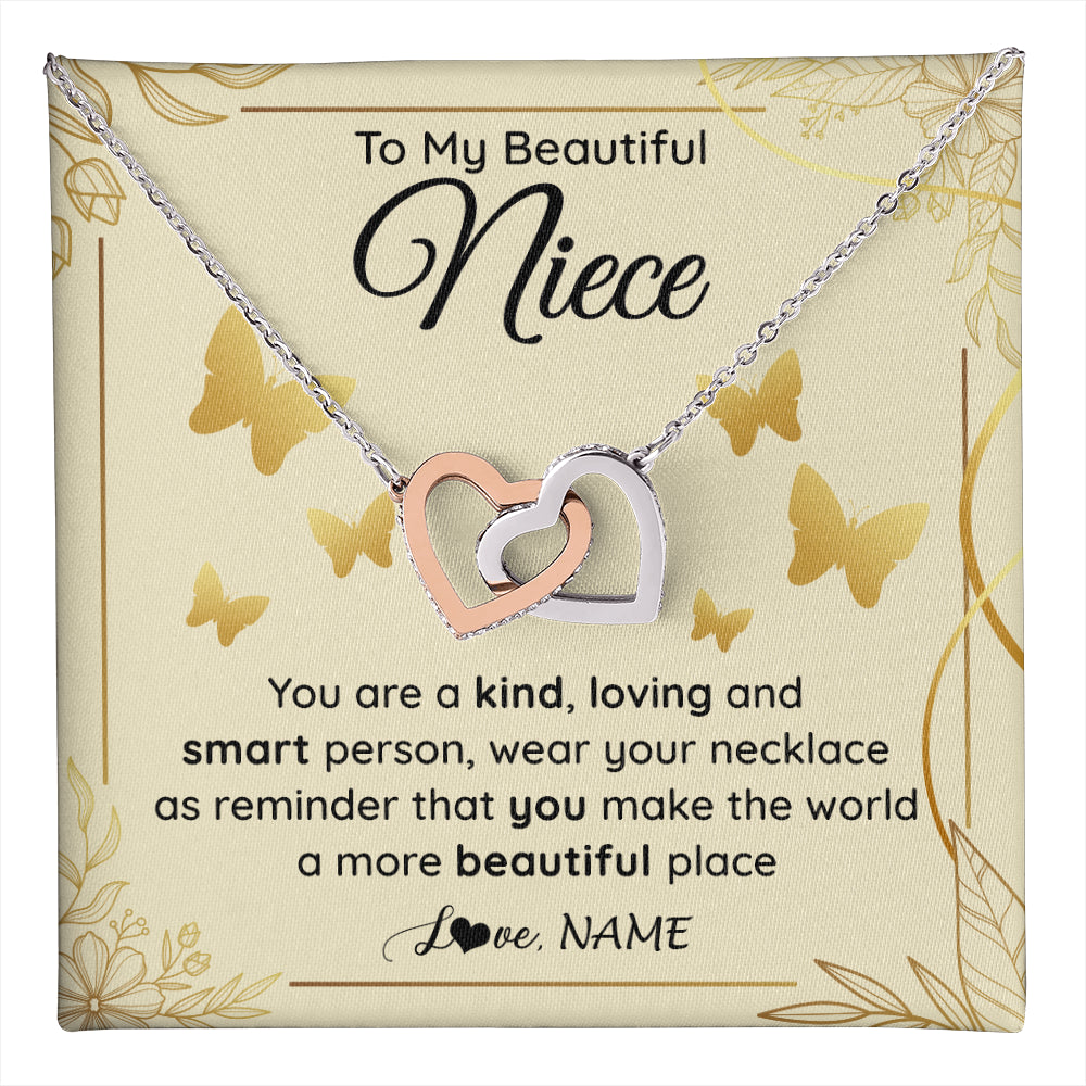 Interlocking Hearts Necklace Stainless Steel & Rose Gold Finish | 1 | Personalized To My Beautiful Niece Necklace From Aunt You Are A Kind Loving Niece Birthday Gifts Jewelry Graduation Christmas Customized Gift Box Message Card | teecentury