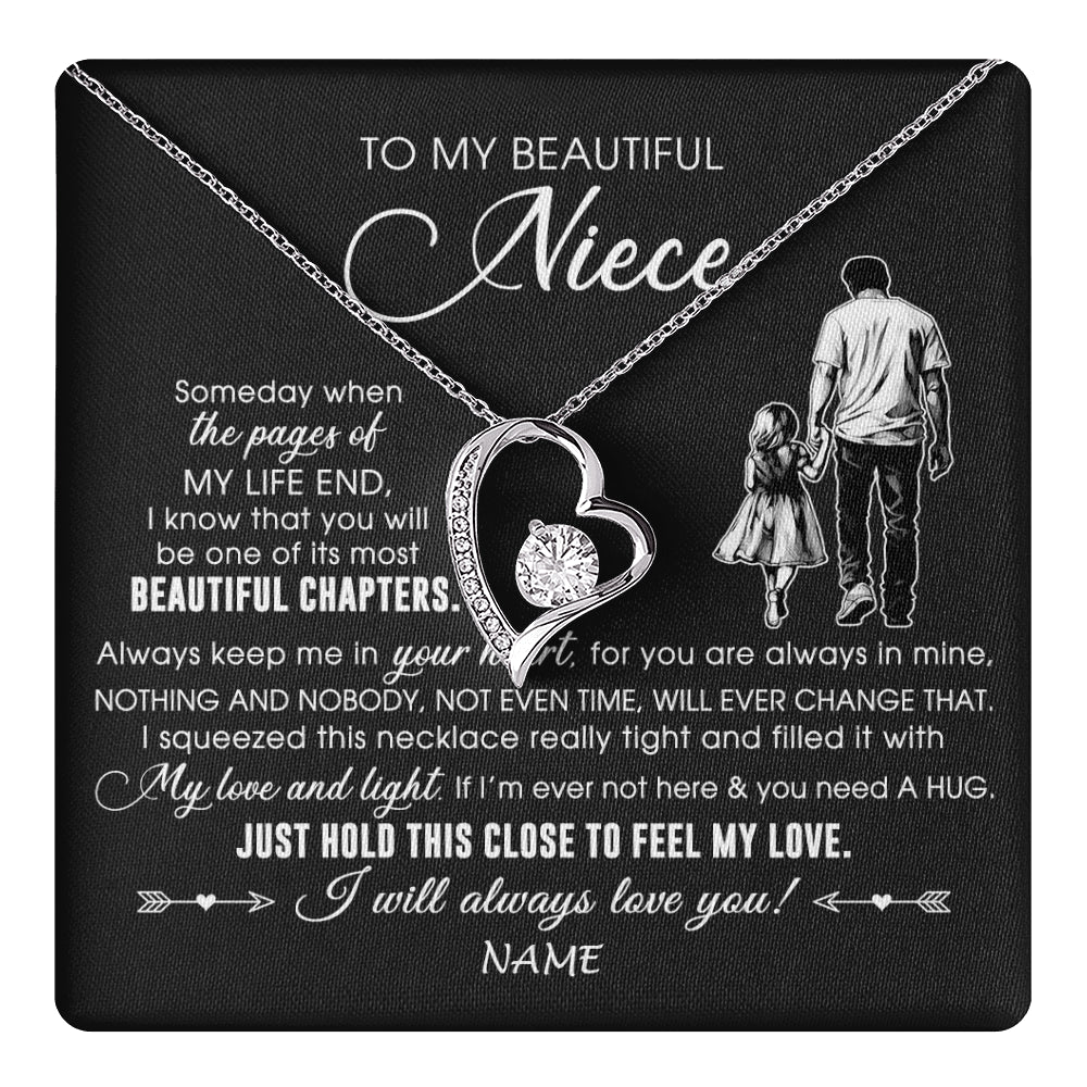 Forever Love Necklace 14K White Gold Finish | 1 | Personalized To My Beautiful Niece Necklace From Uncle Always Love You Niece Birthday Graduation Christmas Customized Gift Box Message Card | teecentury