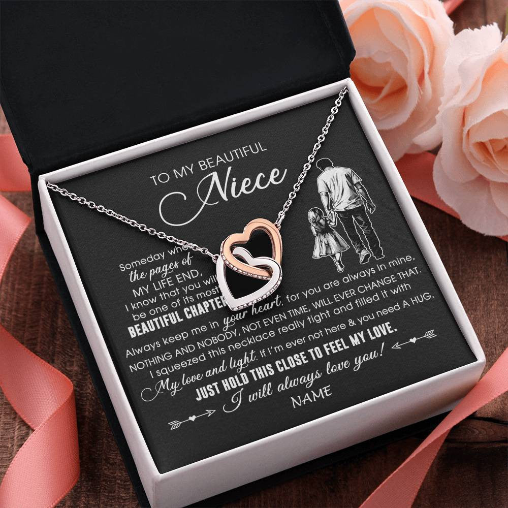 Interlocking Hearts Necklace Stainless Steel & Rose Gold Finish | 2 | Personalized To My Beautiful Niece Necklace From Uncle Always Love You Niece Birthday Graduation Christmas Customized Gift Box Message Card | teecentury