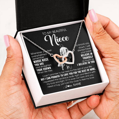 Interlocking Hearts Necklace Stainless Steel & Rose Gold Finish | 2 | Personalized To My Beautiful Niece Necklace From Uncle Believe In Yourself Niece Birthday Gifts Jewelry Graduation Christmas Customized Message Card | teecentury