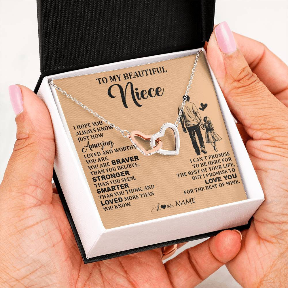 Interlocking Hearts Necklace Stainless Steel & Rose Gold Finish | 2 | Personalized To My Beautiful Niece Necklace From Uncle Promise To Love You Niece Birthday Valentines Day Graduation Christmas Customized Gift Box Message Card | teecentury