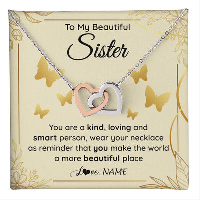 Interlocking Hearts Necklace Stainless Steel & Rose Gold Finish | 1 | Personalized To My Beautiful Sister Necklace From Brother You Are A Kind Loving Sister Birthday Gifts Jewelry Christmas Customized Gift Box Message Card | teecentury