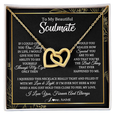 Interlocking Hearts Necklace 18K Yellow Gold Finish | Personalized To My Beautiful Soulmate Necklace From Husband Boyfriend Feel My Love For Her Future Wife Girlfriend Birthday Anniversary Customized Message Card | teecentury