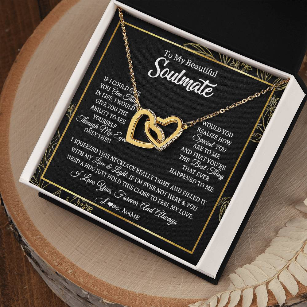 Interlocking Hearts Necklace 18K Yellow Gold Finish | Personalized To My Beautiful Soulmate Necklace From Husband Boyfriend Feel My Love For Her Future Wife Girlfriend Birthday Anniversary Customized Message Card | teecentury