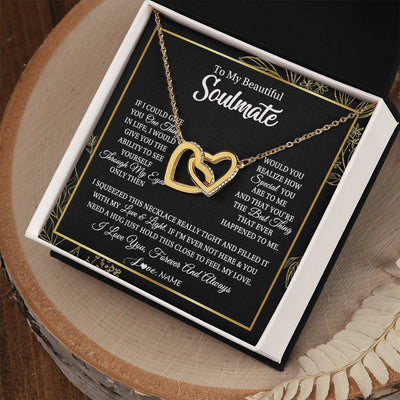 Interlocking Hearts Necklace 18K Yellow Gold Finish | Personalized To My Beautiful Soulmate Necklace From Husband Boyfriend Feel My Love For Her Future Wife Girlfriend Birthday Anniversary Customized Message Card | teecentury