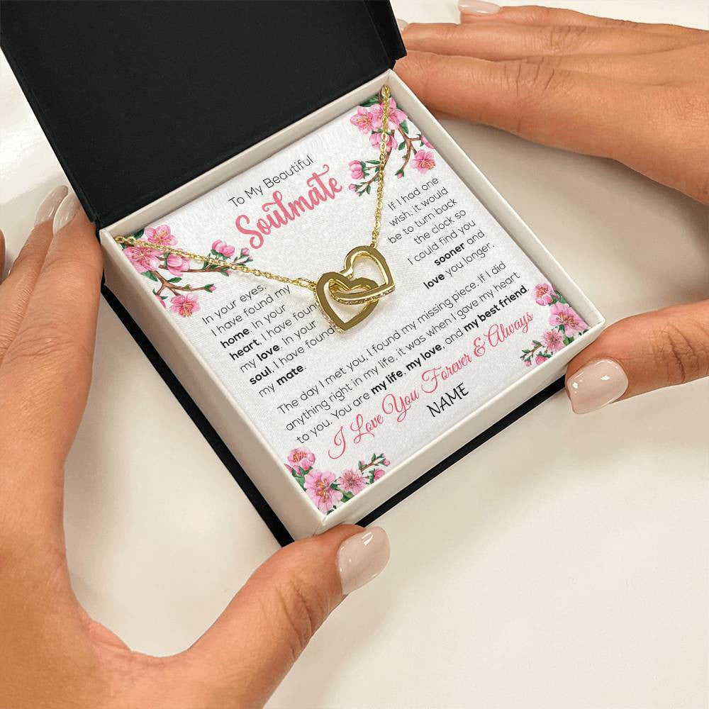 Interlocking Hearts Necklace 18K Yellow Gold Finish | 2 | Personalized To My Beautiful Soulmate Necklace From Husband Love You Longer Wife Birthday Anniversary Wedding Valentines Day Customized Gift Box Message Card | teecentury