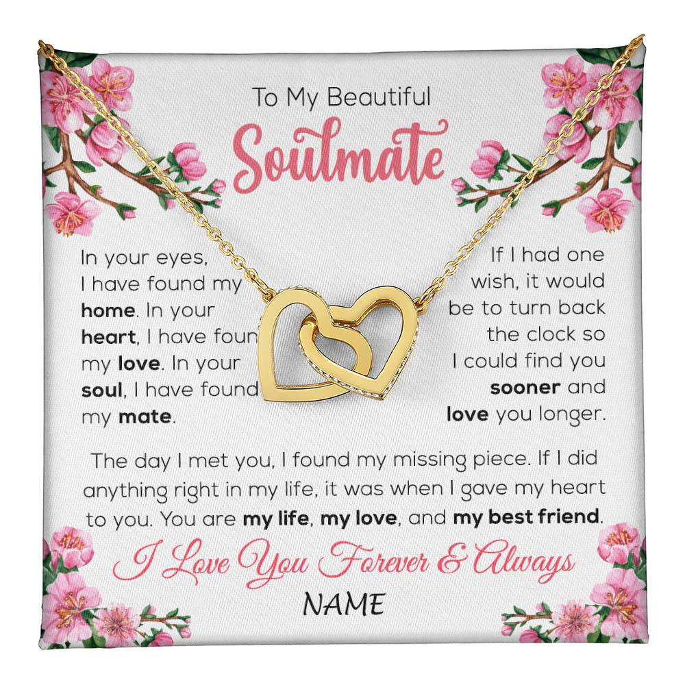 Interlocking Hearts Necklace 18K Yellow Gold Finish | 1 | Personalized To My Beautiful Soulmate Necklace From Husband Love You Longer Wife Birthday Anniversary Wedding Valentines Day Customized Gift Box Message Card | teecentury