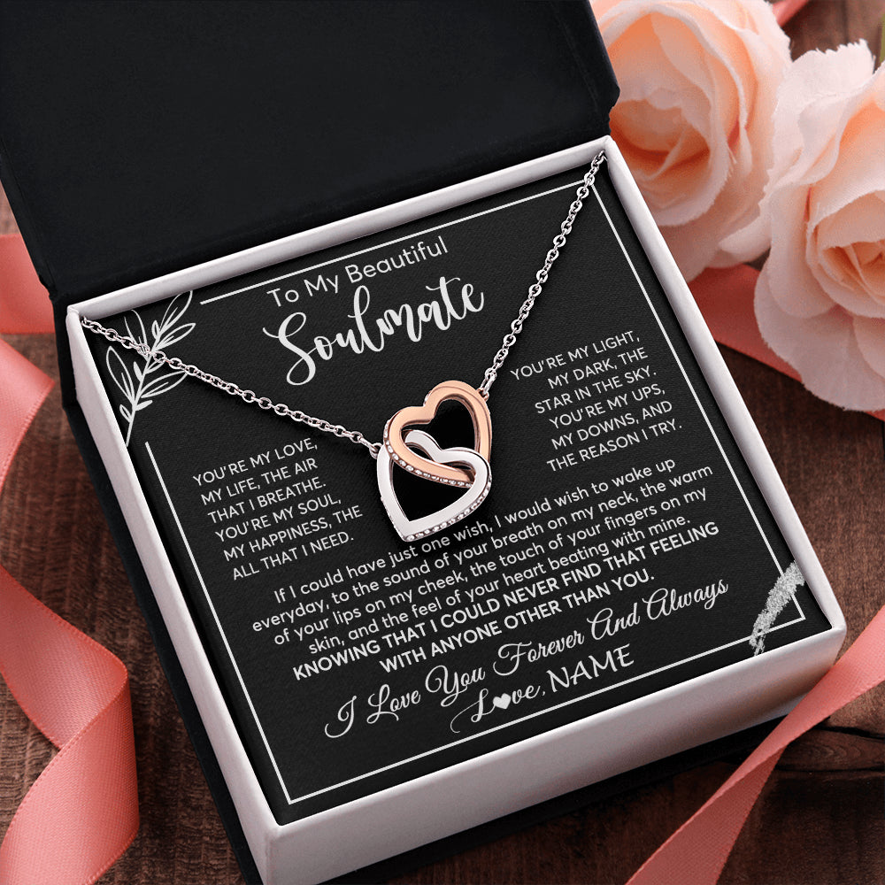 Interlocking Hearts Necklace Stainless Steel & Rose Gold Finish | 2 | Personalized To My Beautiful Soulmate Necklace From Husband You're My Love Wife Birthday Anniversary Valentines Day Jewelry Customized Gift Box Message Card | teecentury